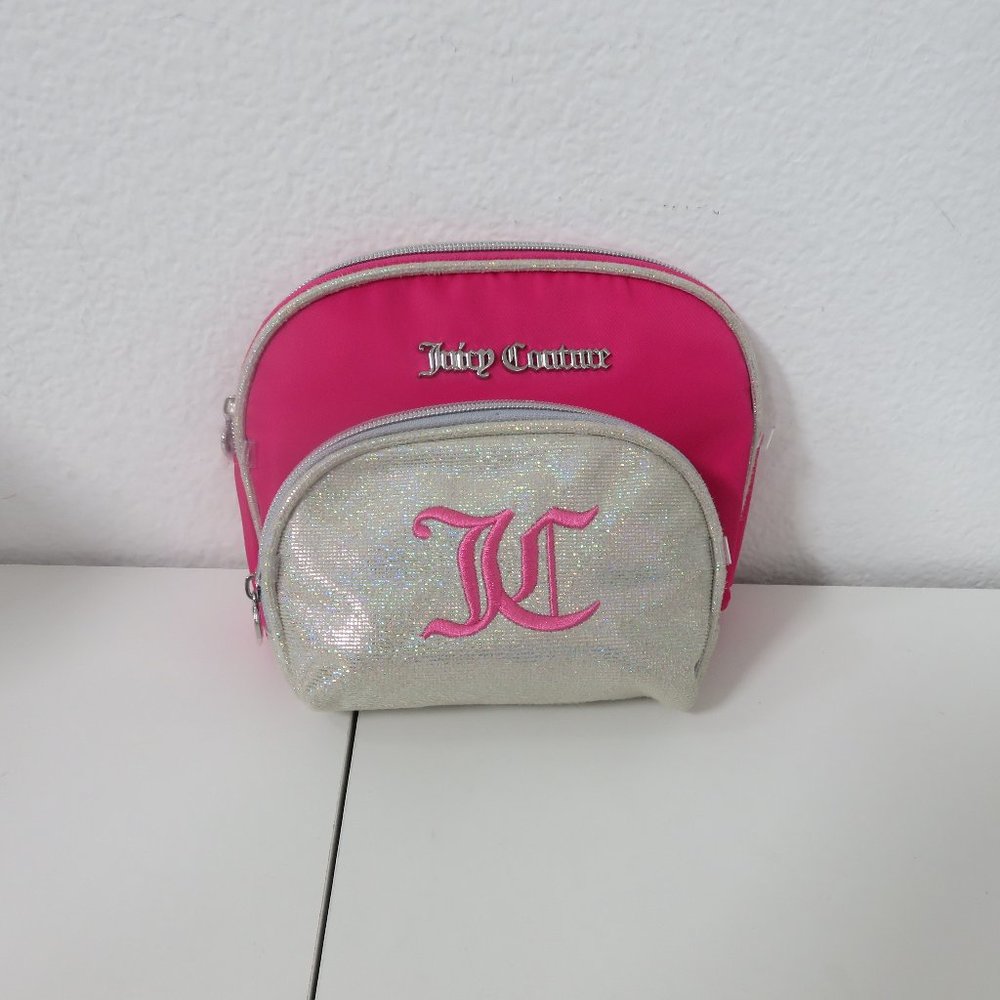 (#W-1) 2pc Juicy Couture Hot Pink Velour Glitter Cosmetic Case Makeup Bag